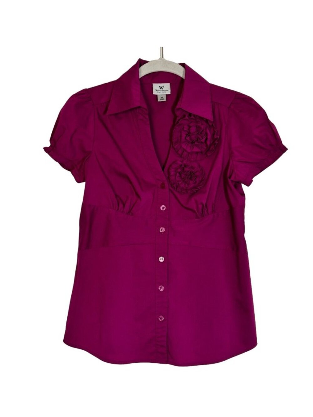 Worthington Petite Short Sleeve Button Up Floral Accent Blouse in Fuschia -Sz PS